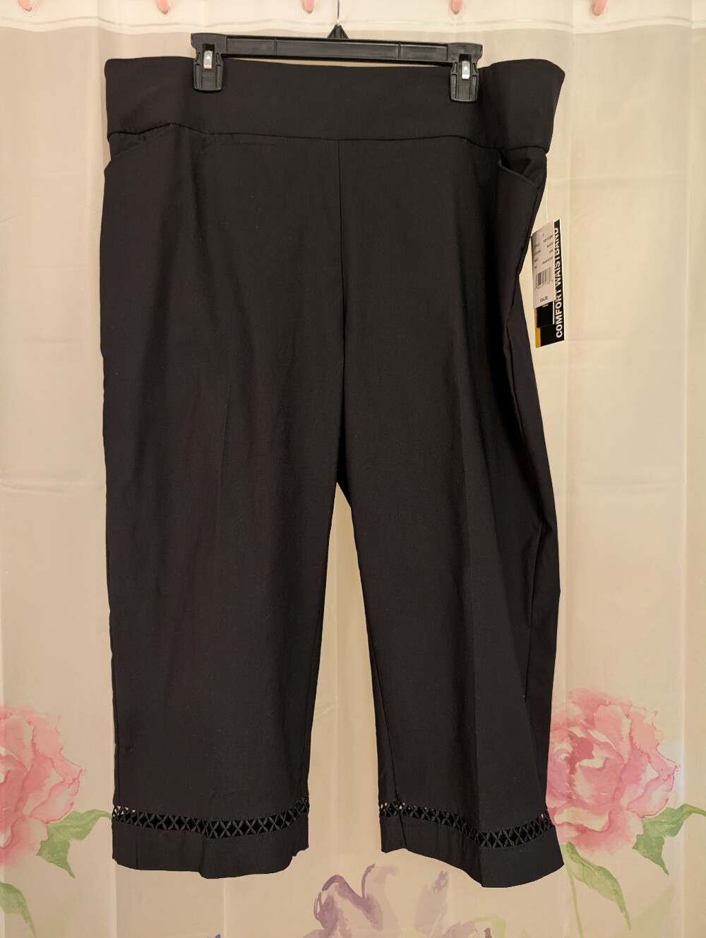 Black Women's Pull-On Capri Pants with Decorative Hem